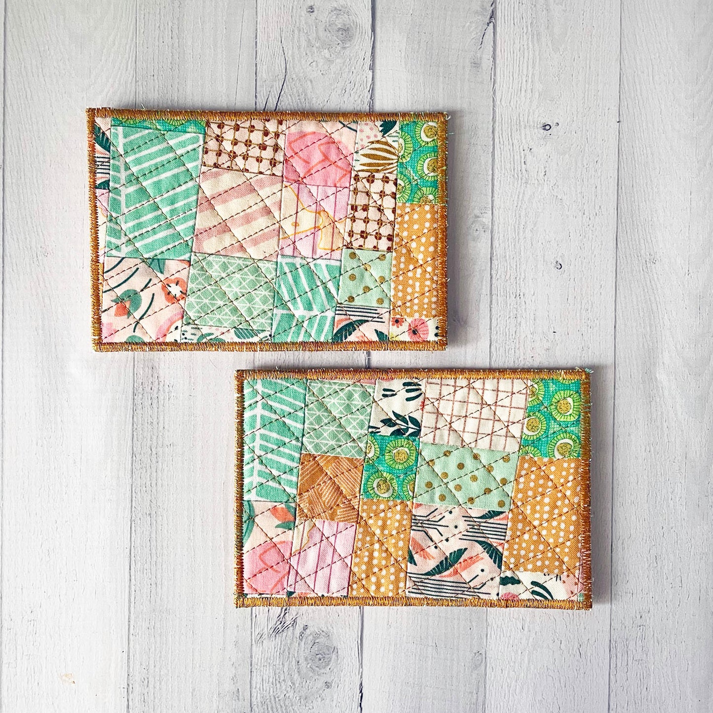Fabric Postcards - Pink/Gold/Aqua Set of 2